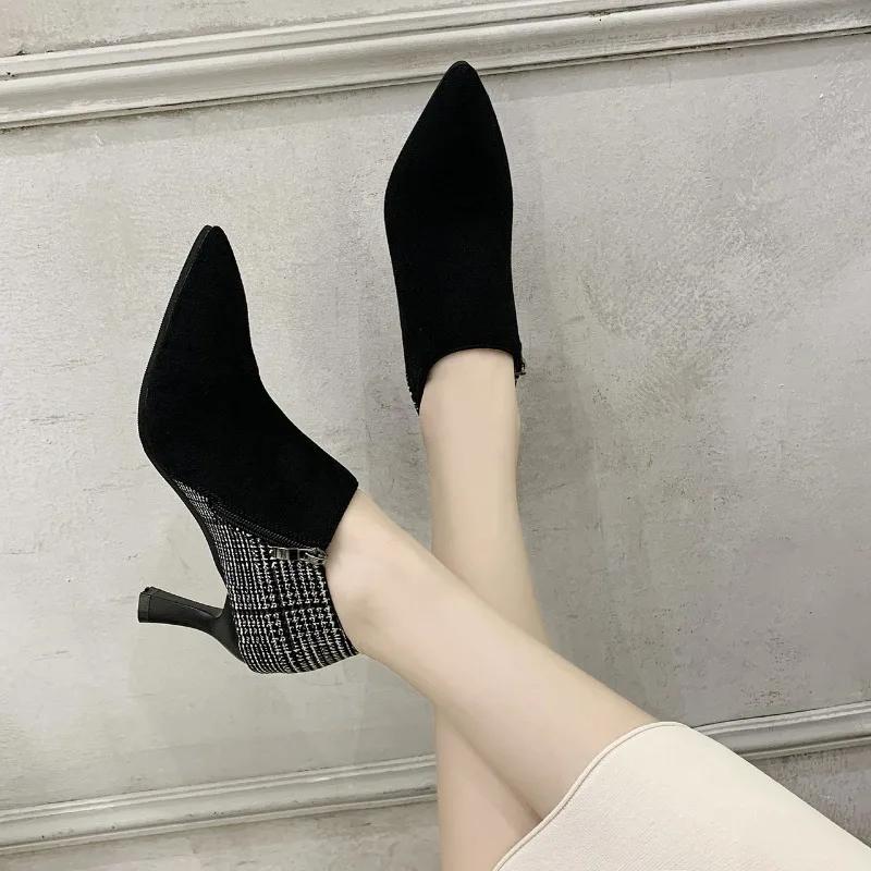 Sexy Women's Ankle Boots Black Elegant with Medium Heels Booties Pointed Toe Work Footwear Short Shoes for Woman Comfortable