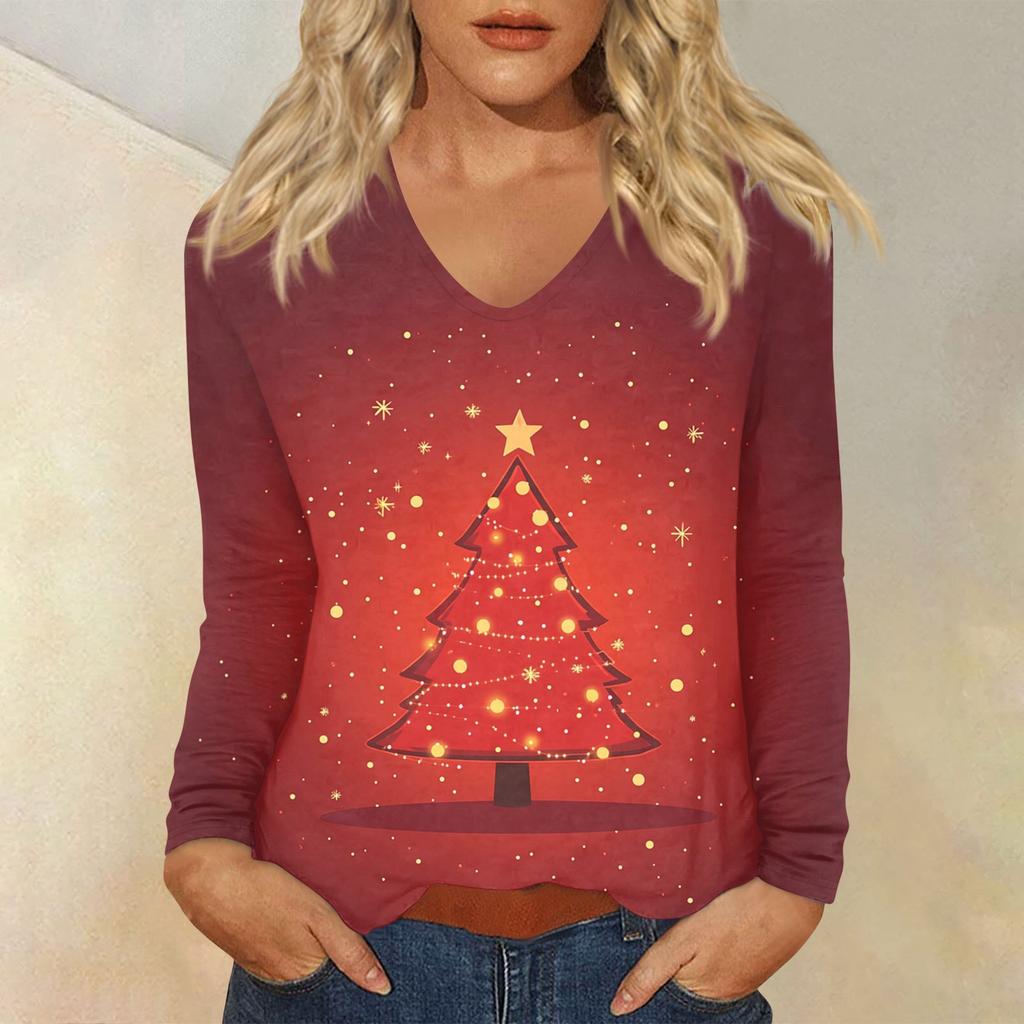 Women's Daily Casual Long Sleeve Christmas  Print V-neck Top