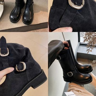 ~ Марсельский дневник~ Ретро металлическая пряжка круглый носок полированные ботильоны на локомотивном каблуке женщины