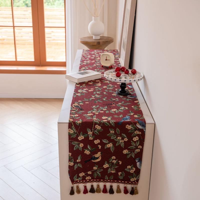 Кисточки Ретро дорожка для стола, жаккардовый узор с изображением красной иволги, украшение стола, цветочное украшение для рождественской кухни, обеденного стола, домашнего праздника
