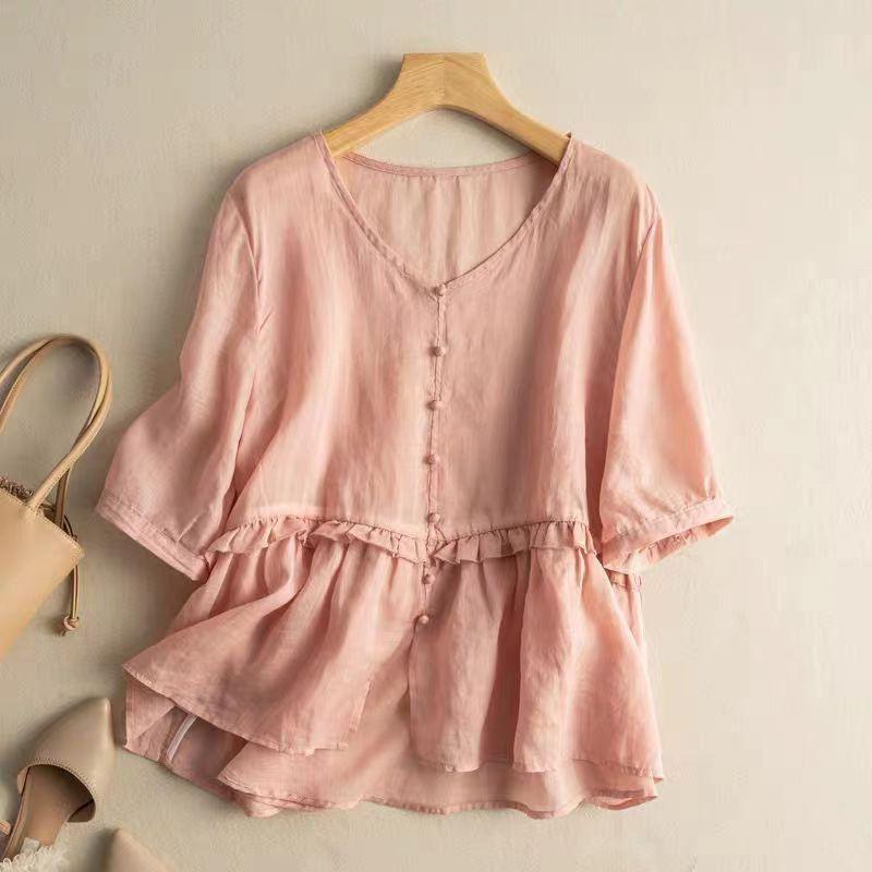 Японская хлопково-льняная женская рубашка с коротким рукавом, свободная и стройнящая, с темпераментным V-образным вырезом, кукольная рубашка-топ