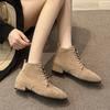 Fashion Women's Boots 2025 Autumn/winter British Style Short Boots Solid Color Suede Pointed Lace Up Thick Heel Plus Size Boots
