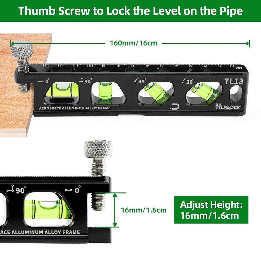 Huepar Mini Powerful Screw Graduated Measuring 4 Vials TL13 Level, Magnet, V-Groove, Clamp, Instruments, (Horizontal, Vertical, 45°, 30°),