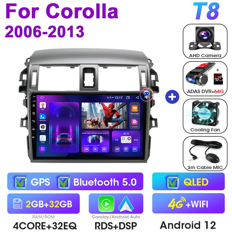 Android 12 Автомобильное радио для Toyota Corolla E140/150 2006 - 2013 GPS Carplay Auto 2 Din Stereo интеллектуальные системы Smart Autoradio