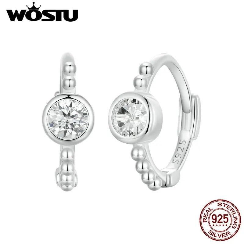 WOSTU 925 Sterling Silver Simple Beads Hoop Earrings Ear Buckles with Zircon Fine Jewelry For Women Girl Party Daily Gift