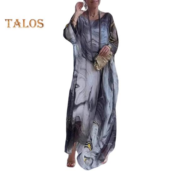 Женское платье макси с струящимся круглым вырезом и нерегулярными рукавами «летучая мышь», двухслойное мраморное платье с принтом, длина до щиколотки, повседневное платье макси