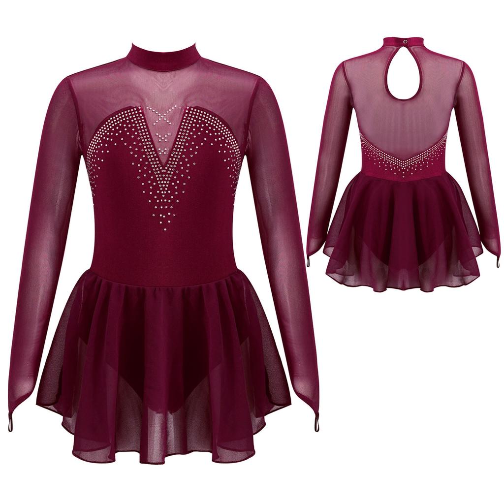 Kids Girls Sparkle Mesh Splice Figure Ice Skating Dress Gymnastic Dance Leotard Tutu Skirt Performance Dancewear