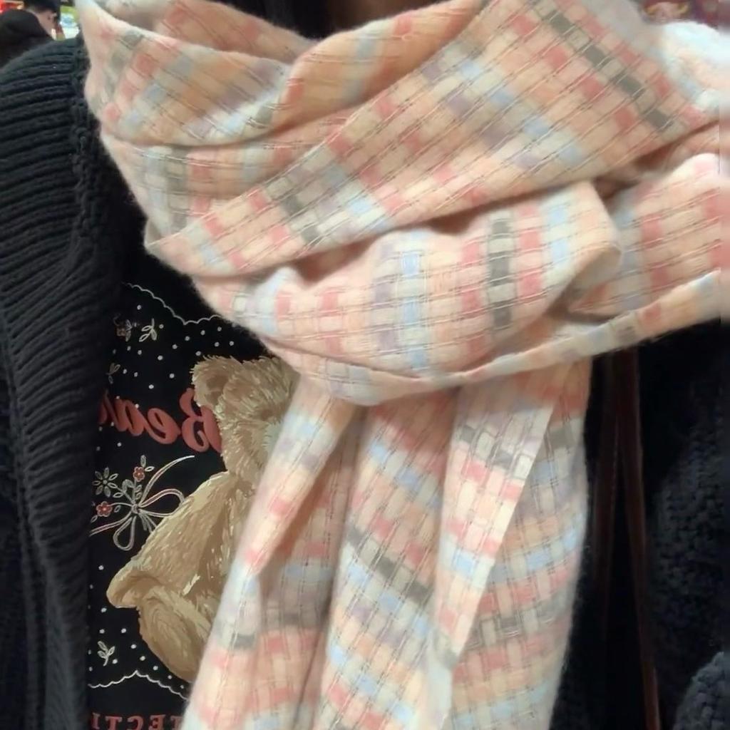 Pink Scarf Women's Winter Plaid Fringed Atmosphere Shawl Thin Outer Warm Versatile Skin-friendly Scarf