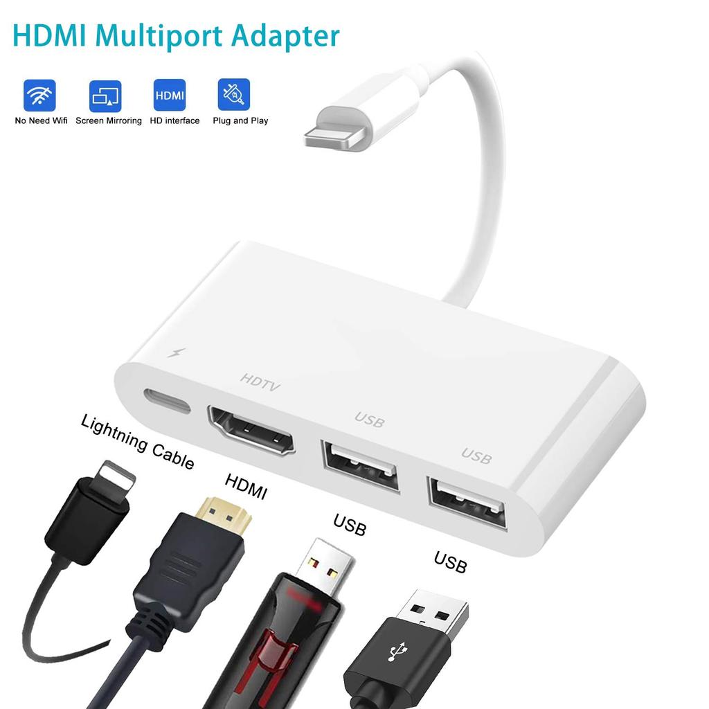 4 in 1 8Pin to HD + USBx2 + 8Pin Adapter for iPhone iPad Projector TV Mirroring Keyboard Mouse Camera Connection