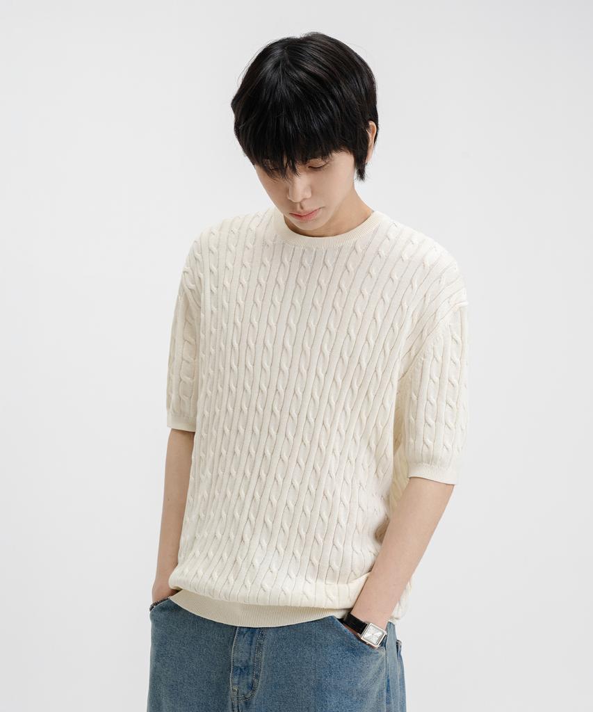 LEMAIN SECOND Oversized Washable Crew Neck Cable Short Sleeve Knit [Ivory]