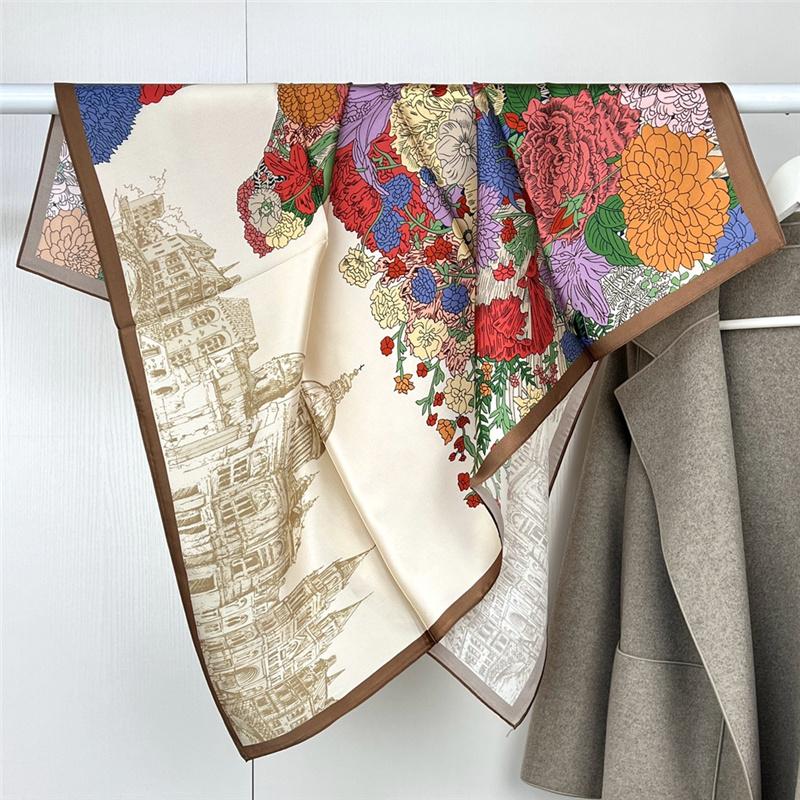 88*88cm 100% Mulberry Silk Retro Floral Garden Oil Painting Pattern Square Scarf Thin Sunblock Beach Towel Shawl Neckerchief