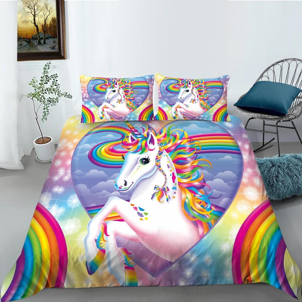 Pink Unicorn Flowers Duvet Cover Set King Queen Double Size Polyester Comforter Cover With Pillowcase For Kids Girls Bedding Set