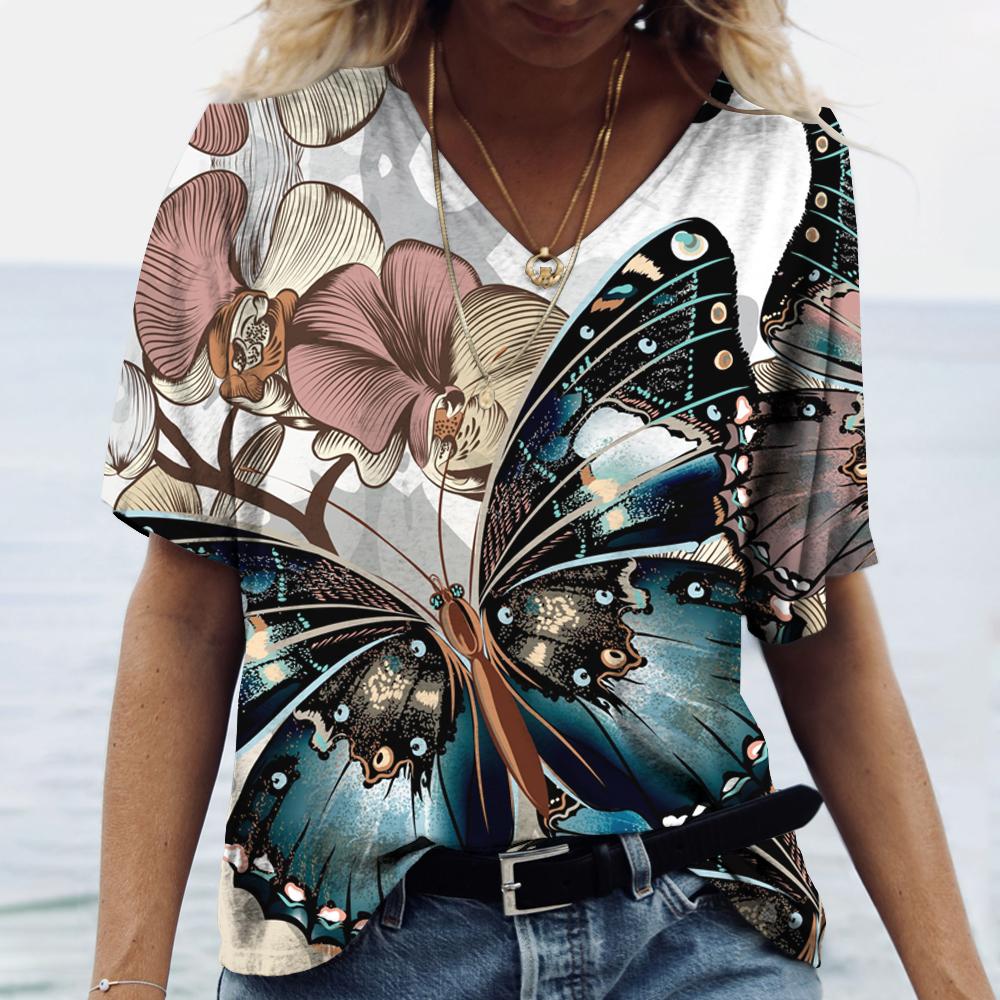 Женские футболки с v-образным вырезом, модные футболки с цветочным рисунком, летние короткие женские топы с принтом, повседневные футболки в стиле Харадзюку 5XL