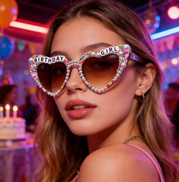 Cute Heart Sunglasses "BIRTHDAY GIRL" Bead Decor Colorful Sprinkle Frame Stylish Shades for Women & Party Photos KJ086