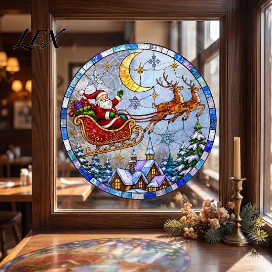 Glue Free Window Sticker Christmas Santa Sleigh Suncatcher Cling, Stained Glass Style Static Removable Film Sticker, Rainbow Xmas Decor for Home Shop