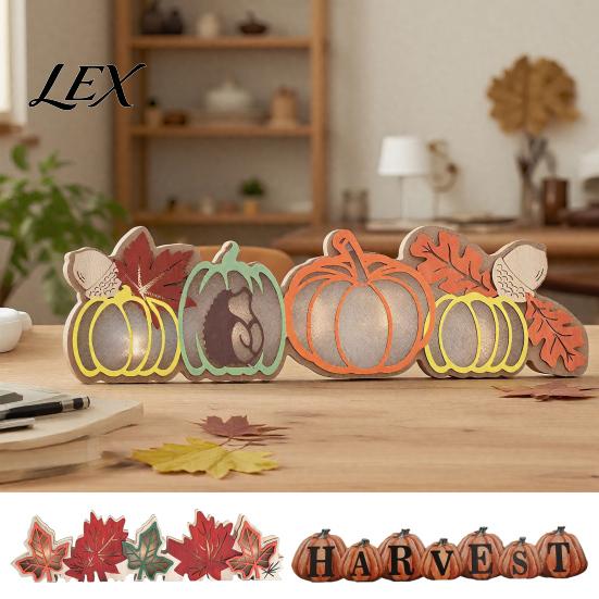 Cozy Autumn Atmosphere Lights Fall Thanksgiving LED Tabletop Decor, Maple Leaf Harvest Themed Lighted Wooden Holiday Window Sill Ornaments Centerpiece