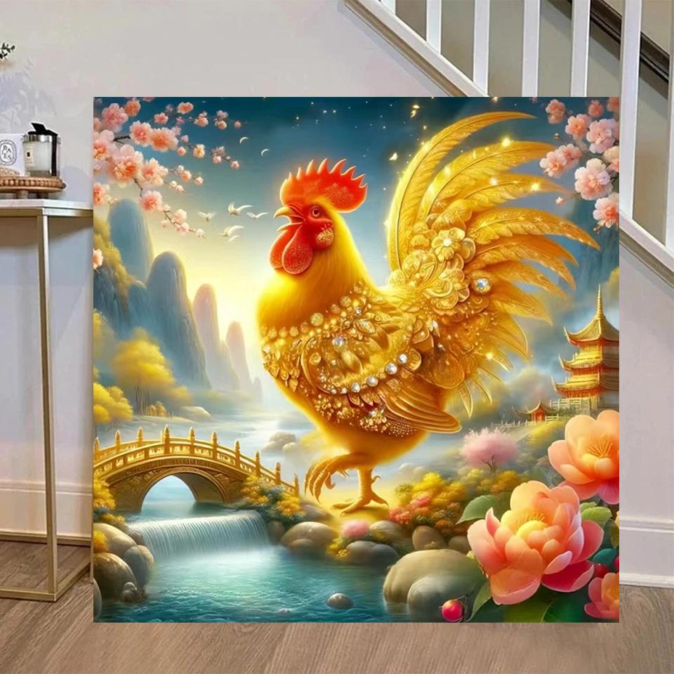 Embroidery 5d Diydiamond Rooster Golden Landscape Painting Square Round Animal Mosaic New Cross Embroidery Water Diamond Craft