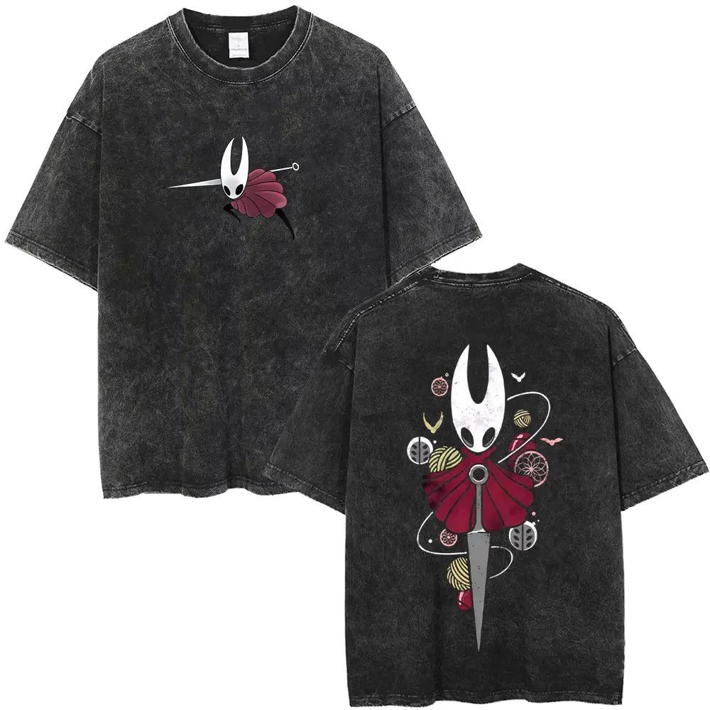 Hollow Knight Винтажная стираная Игровая мерч Графическая футболка Унисекс Унисекс Повседневная Оверсайз Хлопковая футболка для Косплея Мультяшных фанатов