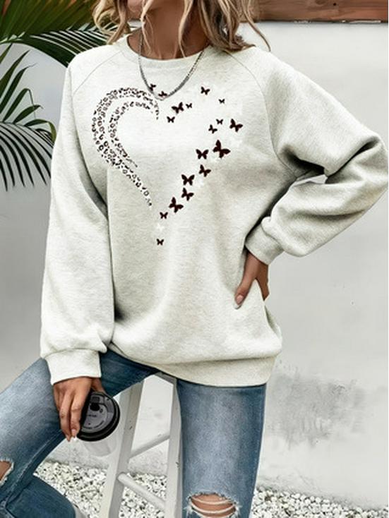 Женская толстовка с принтом «Сердце и Бабочка» - Многоцветная, с круглым вырезом, с длинным рукавом, повседневный универсальный топ.