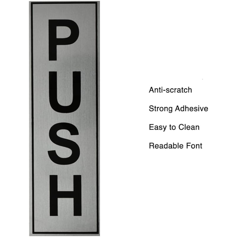 Buzz Cool Silver Metal Push Pull Sign Board For Glass Door, Wooden Door | Self Adhesive Stainless Steel Metal Sticker fo