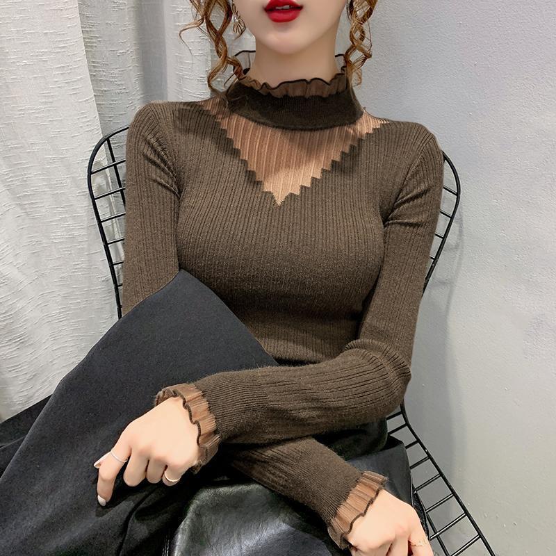 Half High Collar Lace Patchwork Hollow Sweater for Women's Autumn and Winter Slim Fit Knitted Top