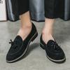 Italian Luxury Brand Suede Men's Tassel Design Loafers Slip-on Handmade High Quality Nubuck Leather Shoes Pointed Toe Thick Sole