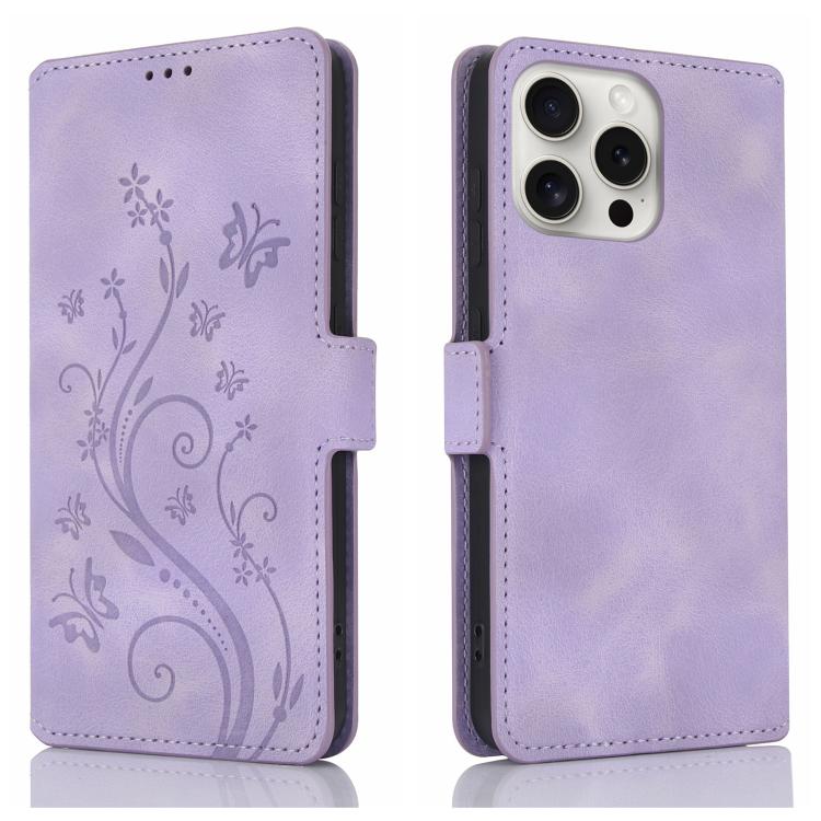 Чехол для iPhone 15 Pro Max Dreamy Butterfly Love Flower из тисненой кожи (Розовое золото)