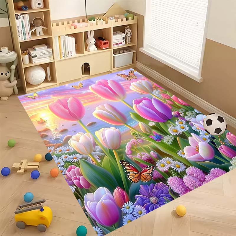 Luxurious vintage tulip floral pattern floor mat, non-slip, machine washable, suitable for living rooms, bedrooms, and home déco