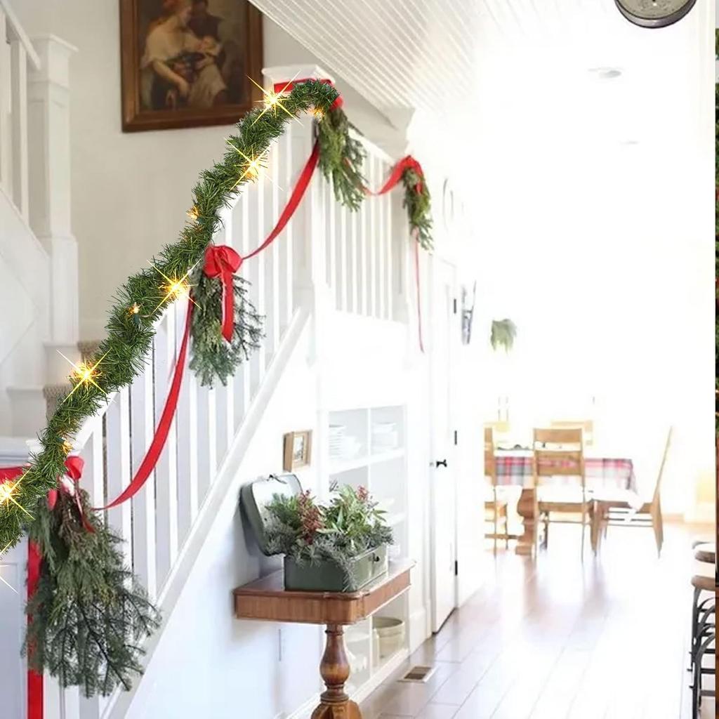 Nerosun 14.8 FT Artificial Christmas Garland, 50 Pre-Lit LED Mini String Lights Battery Operated Xmas Garland for Home Stair Railing Indoor Wedding