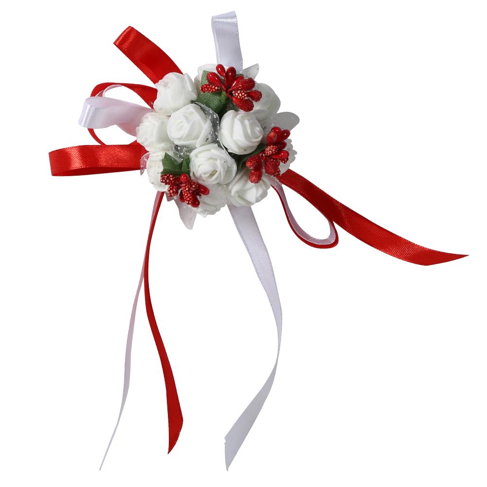 Beautiful Hand Ribbon Flower Bridal Bridesmaid Wrist Corsage Prom Wedding Decorations (Red)