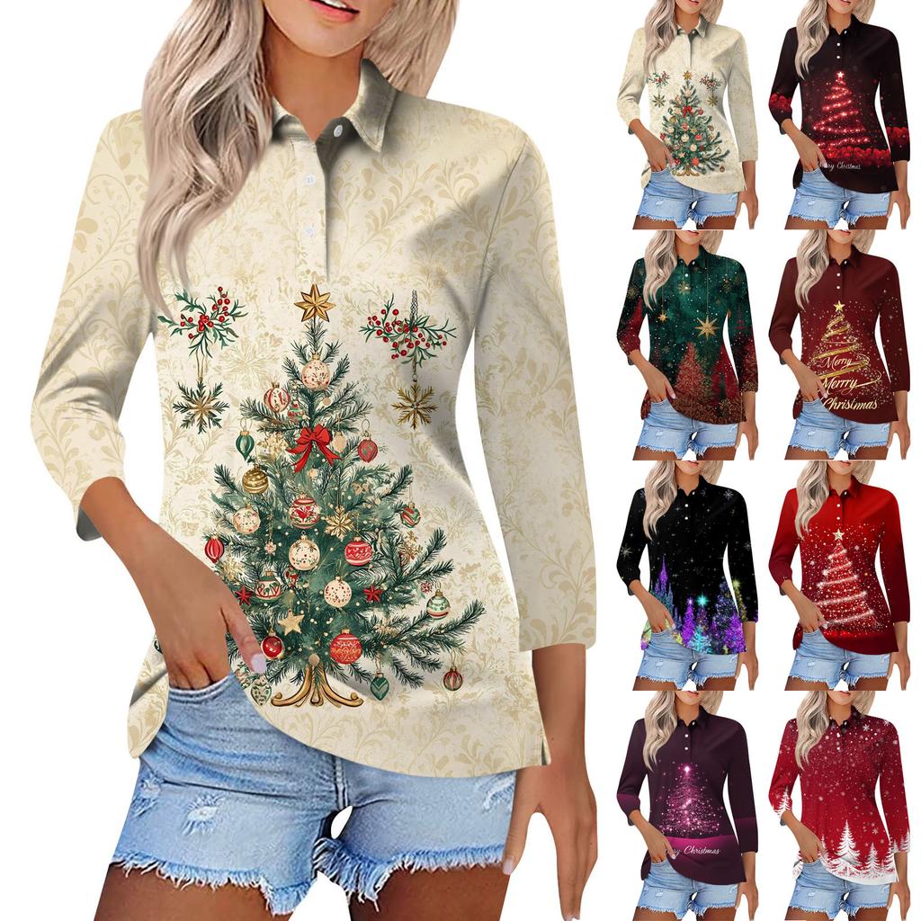 Women's Fashion Casual Lapel Short 3/4 Sleeve Christmas Print Shirt Women's Button Up Tops