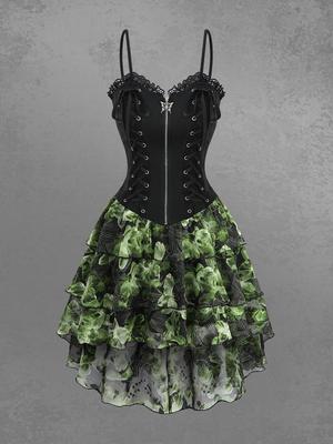 Платье Rosegal Gothic Floral Leaf Printed, шнуровка, молния-бабочка, асимметричное, с отделкой кружевом, многослойное, с высоким и низким вырезом