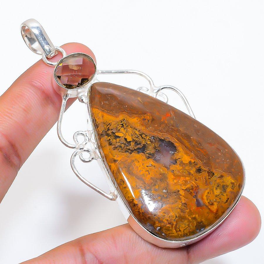 Natural Seam Agate, Topaz 925 Sterling Silver Jewelry Pendant 3.27" ZS-533