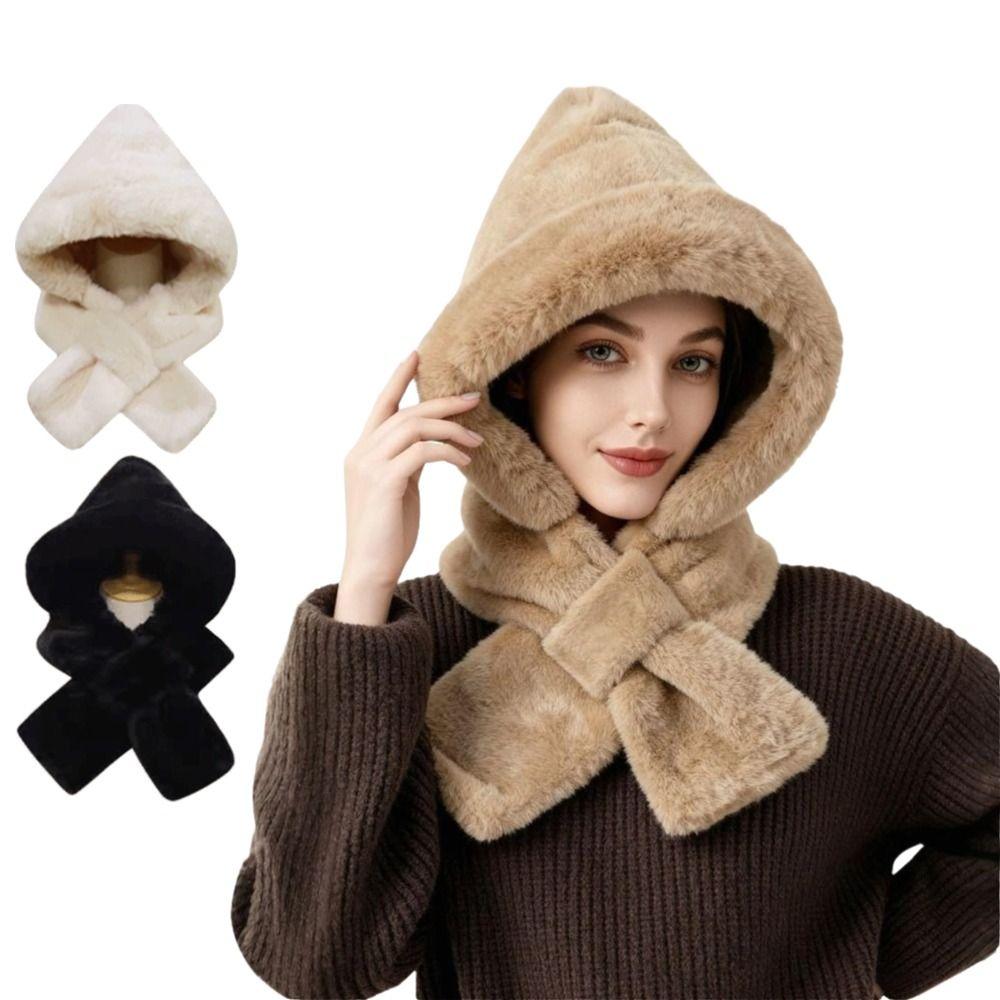 Fuzzy Hooded Scarf Soft Hat Scarf Gloves Set Cute Winter Hooded Scarf  Winter