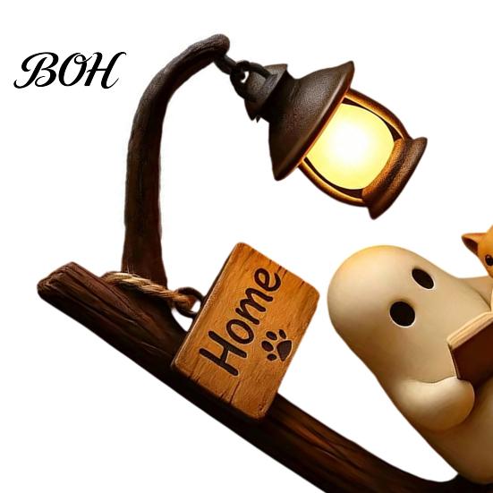 Reading Book Ghost Statue Halloween Figurine, LED Light-up Street Light Resin Spooky Figurine Statue, Cat Desktop Decoration for Holiday Party Cartoon