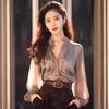 2024 Spring Women's Chic Gray French Satin Long Sleeve Shirt