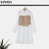 VONDA Женские винтажные контрастные цветные платья-рубашки с длинным рукавом А-силуэта