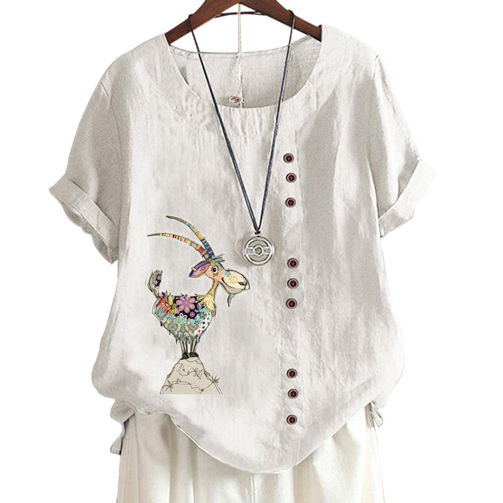 Women's Cotton Linen Casual Tee with Round Neck and Short Sleeves - Printed Design