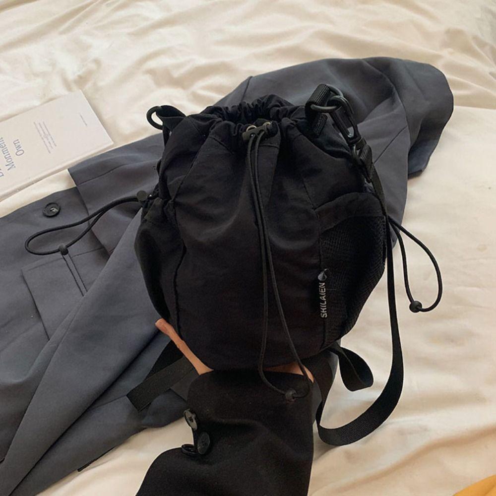 Korean Style Nylon Crossbody Bag Solid Color Shoulder Bag Cute Drawstring Bucket Bag  Office Worker