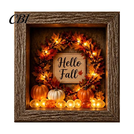Warm Tone Light Fixture Halloween Shadow Box Frame DIY Lighted Craft Kit, Wooden Night with LED Sea Glass Stones, Gothic Memory Display Case for Shelf
