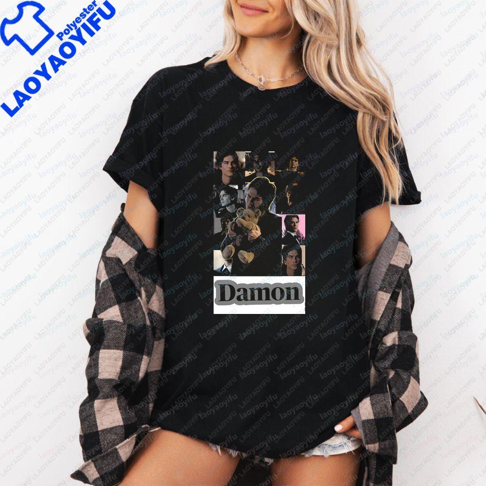 Унисекс футболка с коротким рукавом Damon Salvatore Ретро Стиль Уличная одежда для мужчин и женщин с круглым вырезом