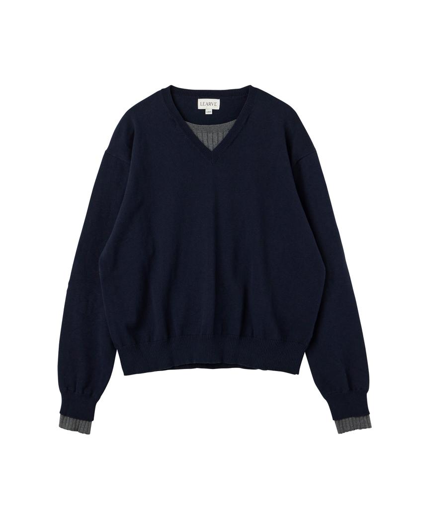 LEARVE Frank Double Layered V-Neck Knit (Navy/Gray)