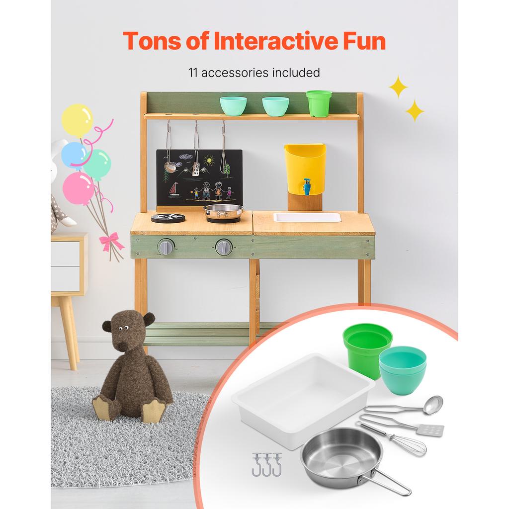 SucceBuy Wooden Mud Kitchen Toys for Kids with Cookware Pots & Accessories Outdoor Toddler Grocery Playset for Childern Cooking