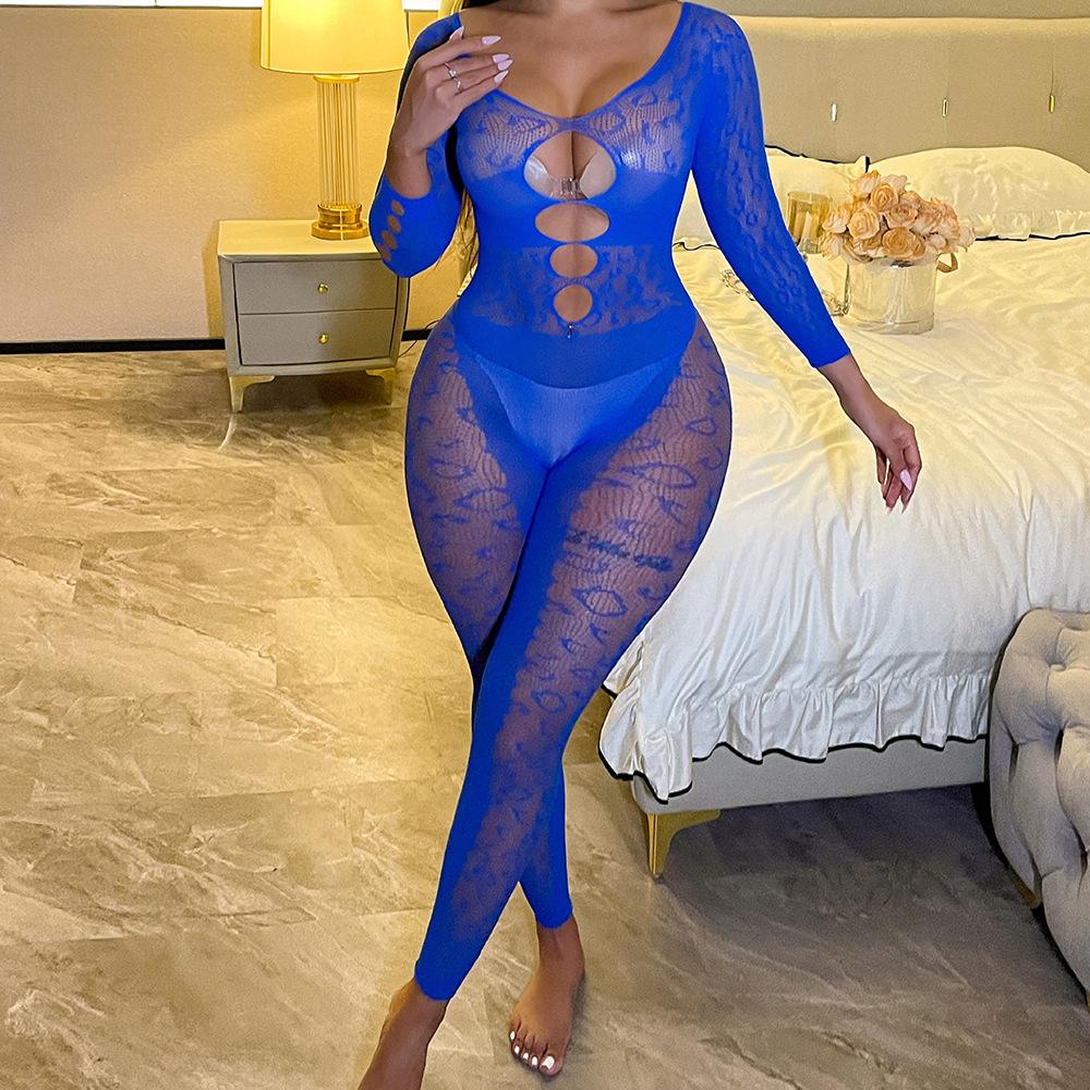 Sex Underwear Long Sleeve Rose Red Halter Jacquard Mesh Sexy Hollow One-Piece Tights