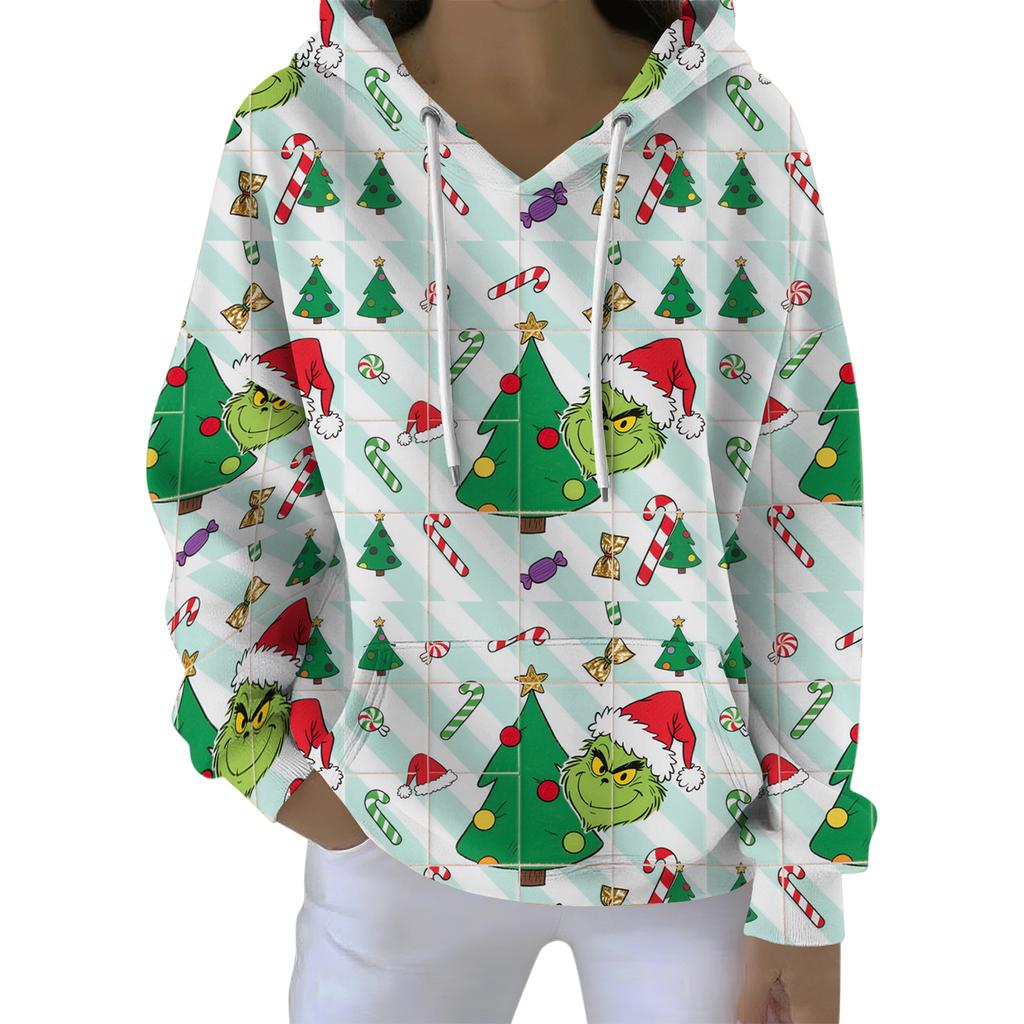 Ladies' Loose And Comfortable Drawstring V-neck Long Sleeved Christmas Printed Sweatshirt