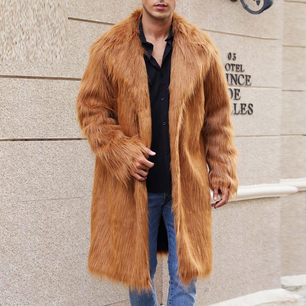 Men's Faux Animal Hair Long Coat Warm Overcoat Turn Down Collar Coat Cardigan Winter Fuzzy Fleece Jacket Open Front