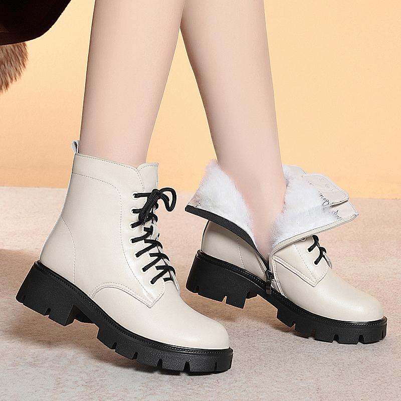 Модные женские зимние ботинки из натуральной кожи 2025 Новые Теплые женские сноубутсы из натуральной шерсти Большой размер Британский стиль Женские ботинки