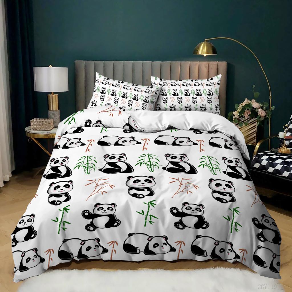 Cute Panda Duvet Cover Set 3D Print Kawaii Wild Black White Animal Comforter Cover for Adult Kid Boy Polyester Bedding Set King