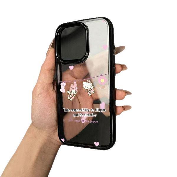 Черная рамка Hello Kitty в форме сердца для 17Pro Max/16/15Pro/14/13Pro Акриловый мультяшный чехол
