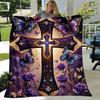 1pc Purple Butterfly Rose Cross Printing Lightweight Flannel Blanket, Comfortable and Warm Blanket, Camping Sofa Bed and Couch Office, Gift